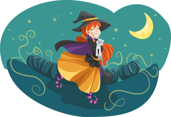 Transparent Cute girl witch with cat and moon for Halloween