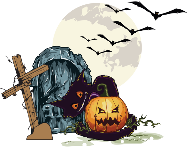 Transparent Halloween background with tombstone, black cat,Jack O Lantern, flying bats,moon for Halloween