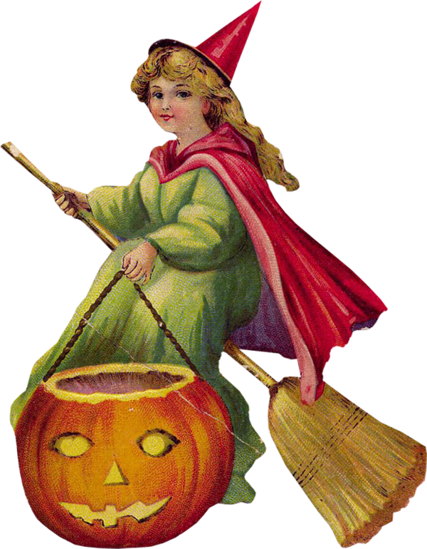 Transparent Vintage girl witch with big Jack O Lantern for Halloween