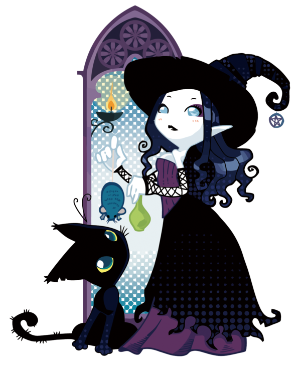 Transparent Cartoon Black Cat Character Black Hair Purple for Halloween