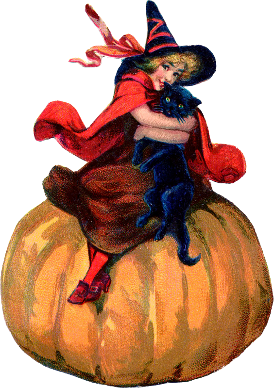 Transparent Vintage girl witch with black cat sitting on Jack O Lantern for Halloween
