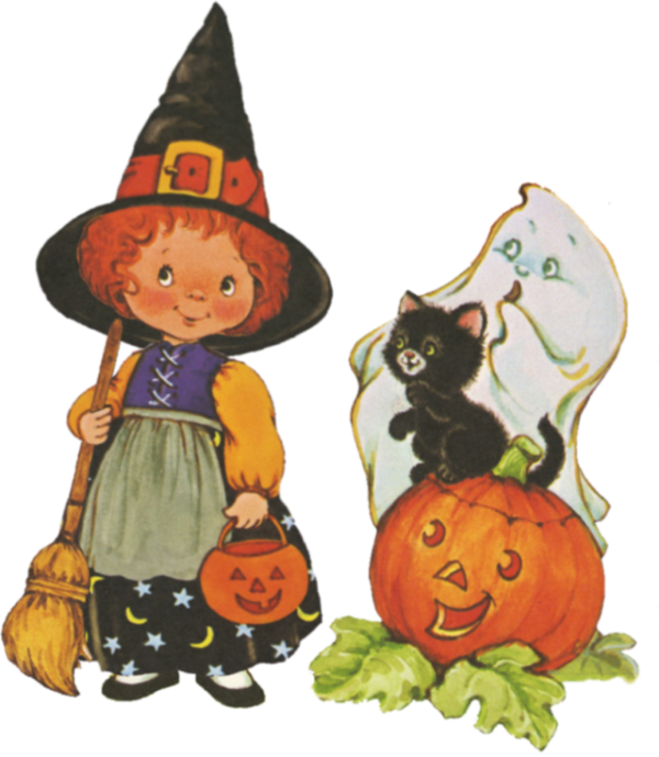 Transparent Vintage girl witch costume with Jack O Lantern, cat, ghost for Halloween