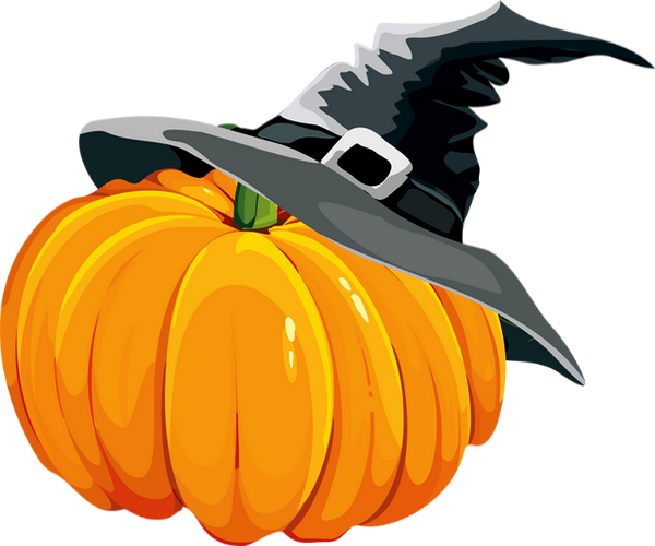 Transparent Watercolor pumpkin with witch hat for Halloween