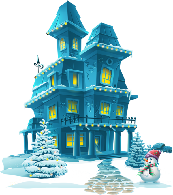 Transparent Blue Winter Castle with Snowman for Christmas Day for Christmas