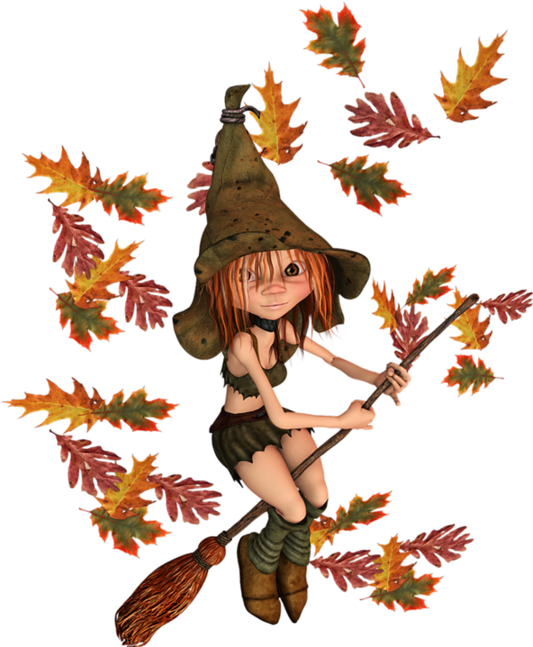 Transparent Cartoon witch with autumn oak leaves for Halloween