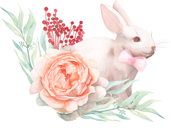 Transparent Easter Bunny Paper Watercolor Painting Pink Flower for Easter