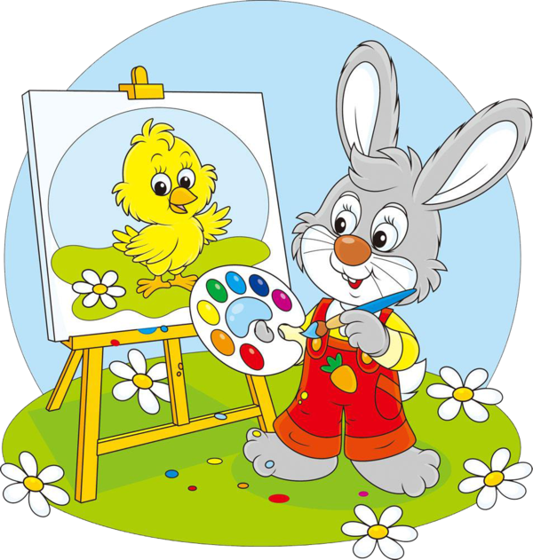 Transparent Cartoon Painting Drawing Flower Hare for Easter