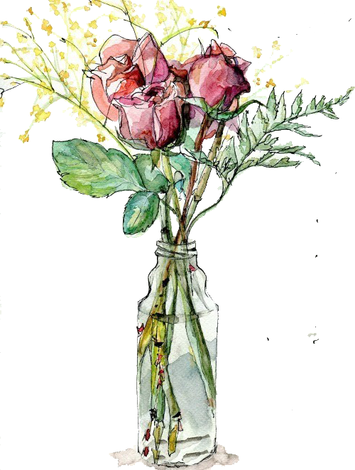 Transparent Garden Roses Vase Watercolor Painting Petal Plant for Valentines Day