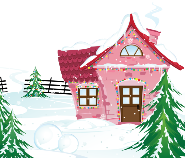 Transparent House Cartoon Winter Fir Pine Family for Christmas