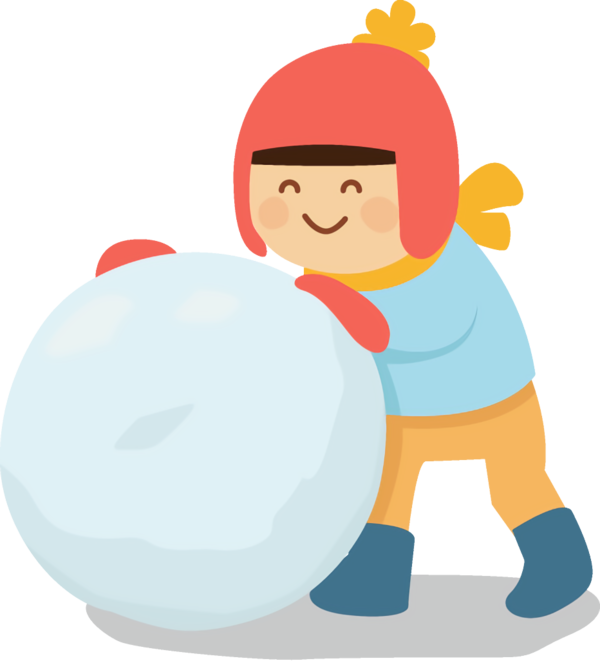 Transparent Cartoon Child Rolling a Big Snowball for New Year Party for New Year