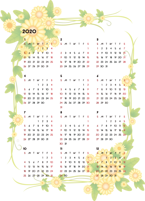Transparent New Year Text Plant for Printable 2020 Calendar for New Year