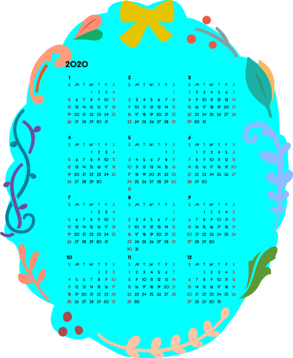 Transparent New Year Turquoise for Printable 2020 Calendar for New Year