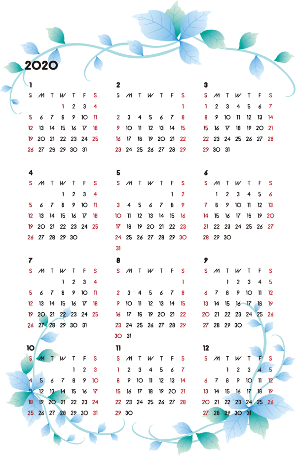Transparent New Year Text Calendar Turquoise for Printable 2020 Calendar for New Year