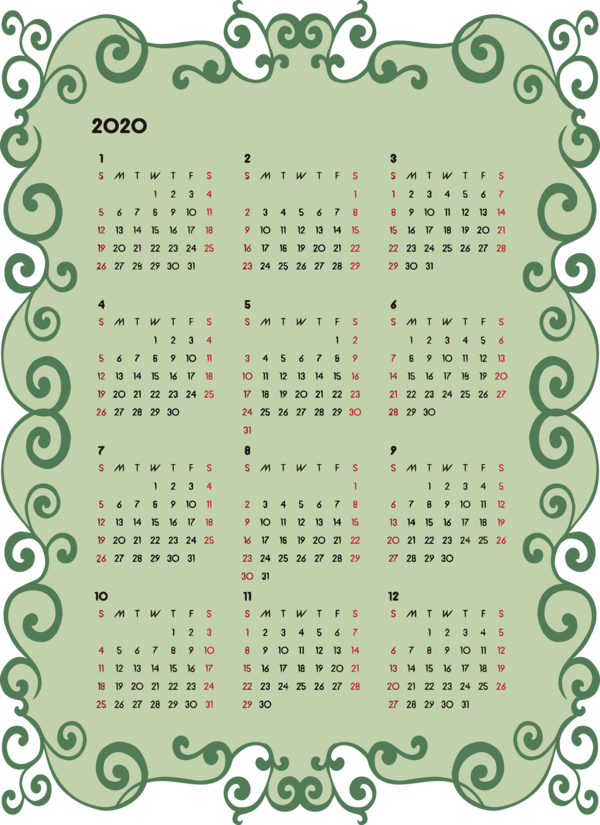 Transparent New Year Green Text Font for Printable 2020 Calendar for New Year