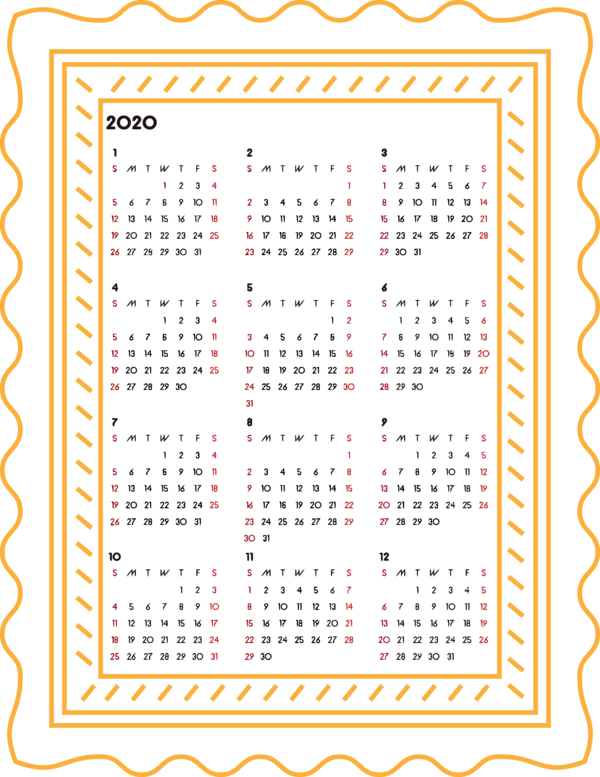 Transparent New Year Text Yellow Pattern for Printable 2020 Calendar for New Year