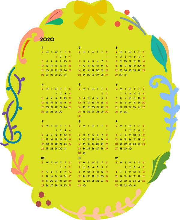 Transparent New Year Yellow Plant for Printable 2020 Calendar for New Year