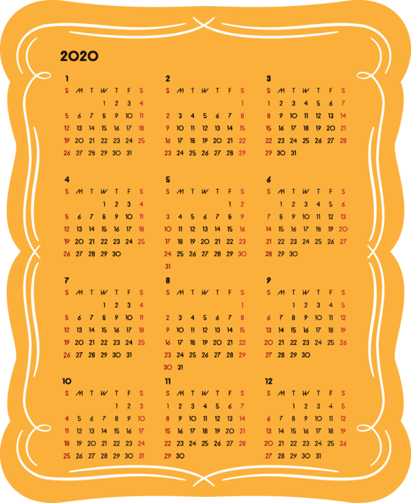 Transparent New Year Yellow Text Line for Printable 2020 Calendar for New Year