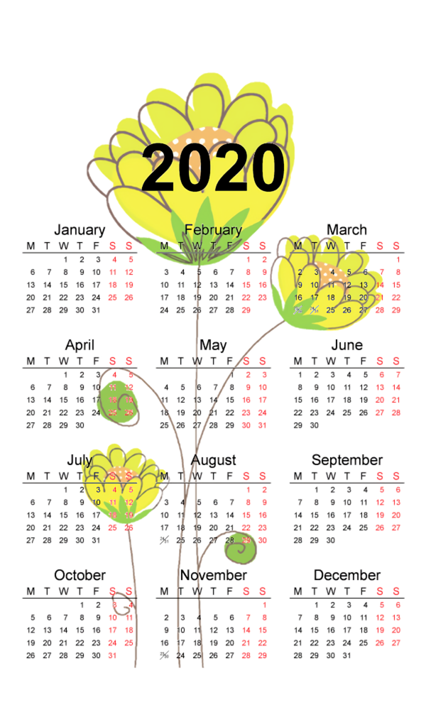 Transparent New Year Calendar Text Yellow for Printable 2020 Calendar for New Year