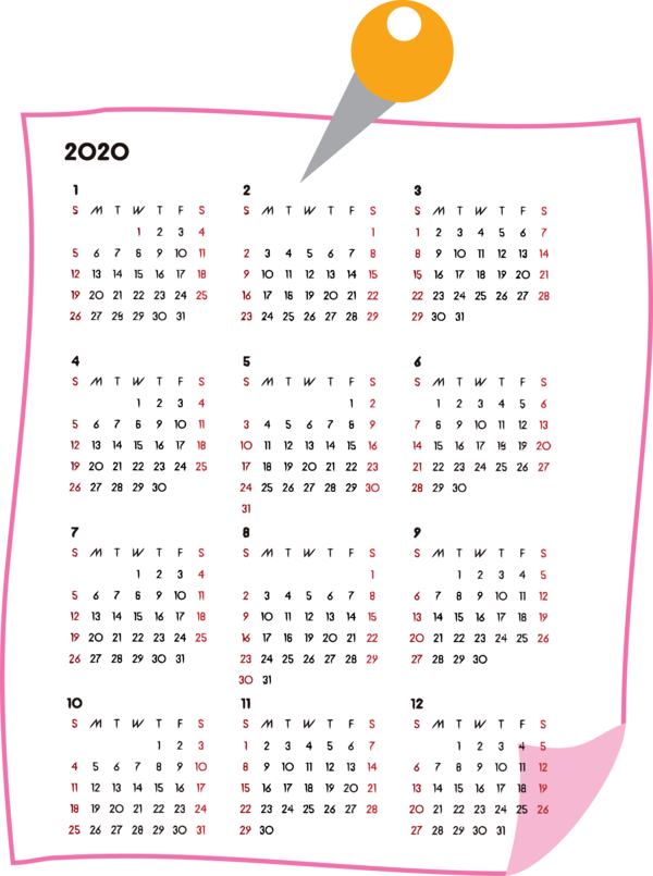 Transparent New Year Text Calendar Font for Printable 2020 Calendar for New Year