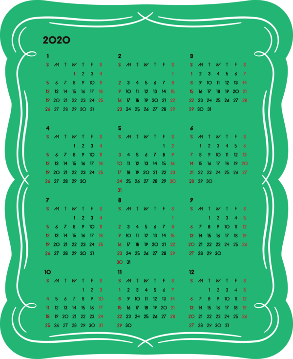 Transparent New Year Green Rectangle for Printable 2020 Calendar for New Year