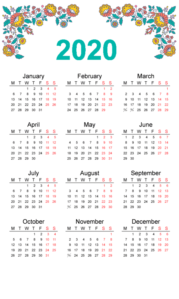 Transparent New Year Calendar Text Font for Printable 2020 Calendar for New Year
