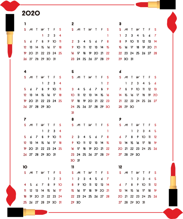Transparent New Year Text Calendar Line for Printable 2020 Calendar for New Year