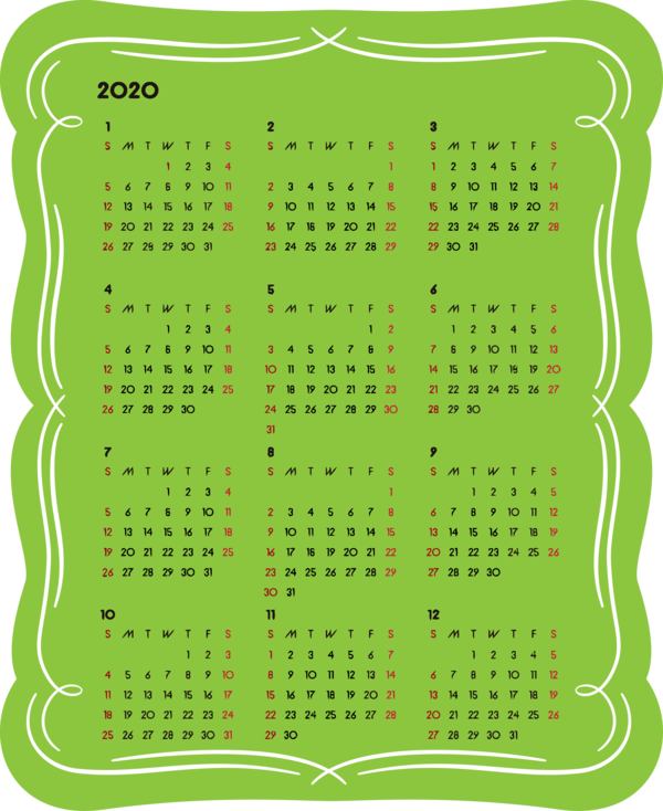 Transparent New Year Green Line Rectangle for Printable 2020 Calendar for New Year