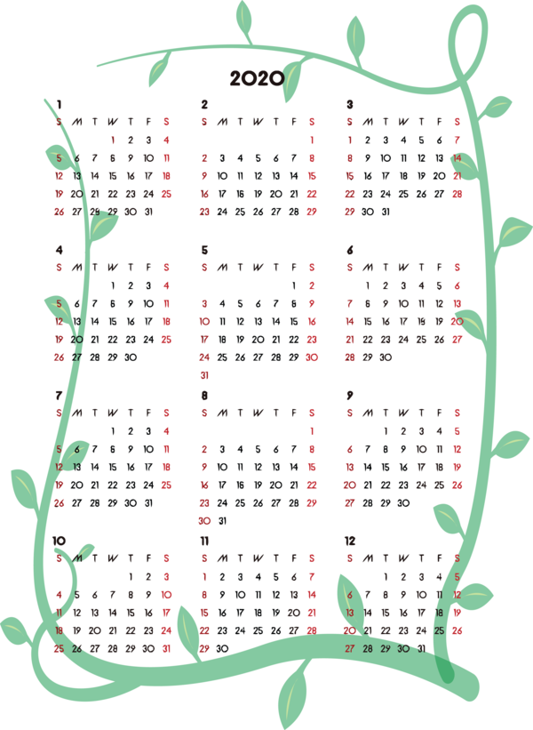 Transparent New Year Green Text Line for Printable 2020 Calendar for New Year