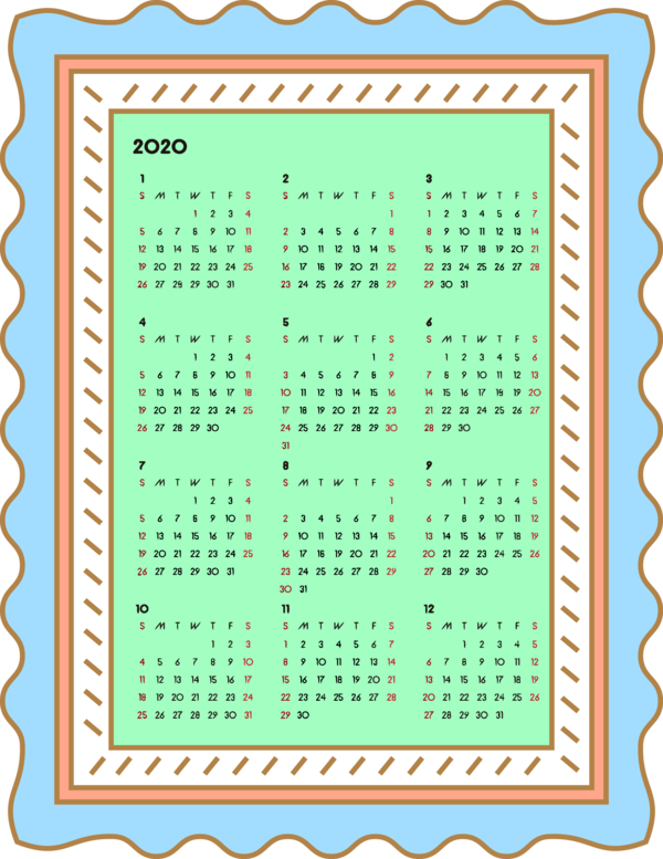 Transparent New Year Green Teal Turquoise for Printable 2020 Calendar for New Year