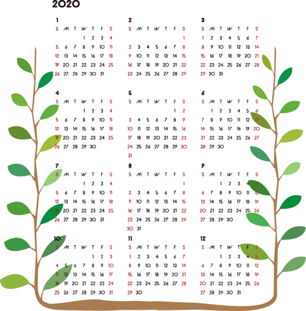 Transparent New Year Green Text Leaf for Printable 2020 Calendar for New Year