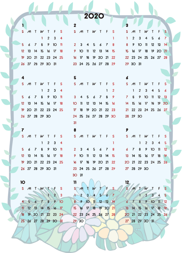 Transparent New Year Text Teal for Printable 2020 Calendar for New Year