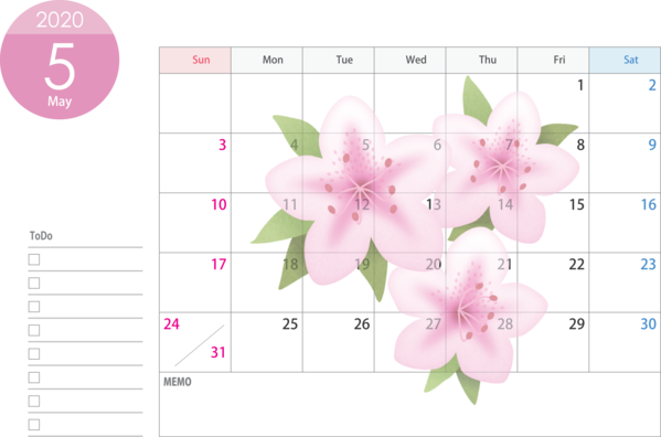 Transparent New Year Pink Text Flower for Printable 2020 Calendar for New Year