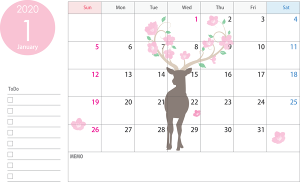 Transparent New Year Pink Text Deer for Printable 2020 Calendar for New Year