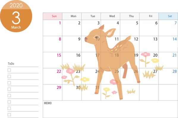 Transparent New Year Text Fawn Wildlife for Printable 2020 Calendar for New Year
