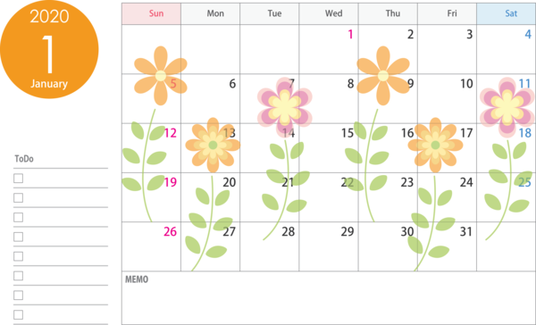 Transparent New Year Text Line Floral design for Printable 2020 Calendar for New Year