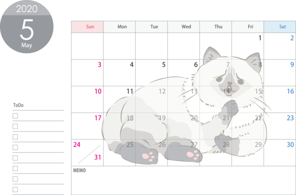 Transparent New Year Text Cat Line for Printable 2020 Calendar for New Year