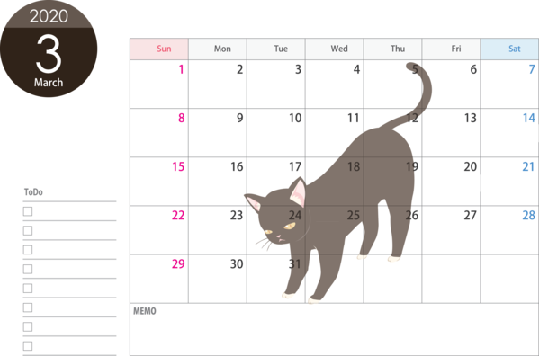 Transparent New Year Cat Small to medium-sized cats Black cat for Printable 2020 Calendar for New Year
