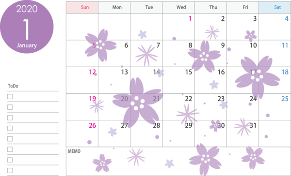 Transparent New Year Purple Text Lilac for Printable 2020 Calendar for New Year