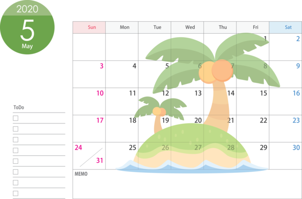Transparent New Year Green Text Leaf for Printable 2020 Calendar for New Year