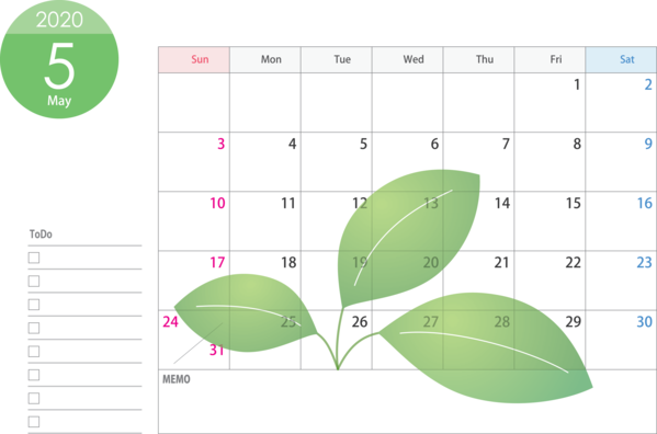 Transparent New Year Green Leaf Text for Printable 2020 Calendar for New Year