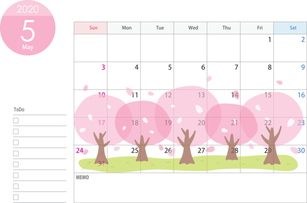 Transparent New Year Text Pink Font for Printable 2020 Calendar for New Year