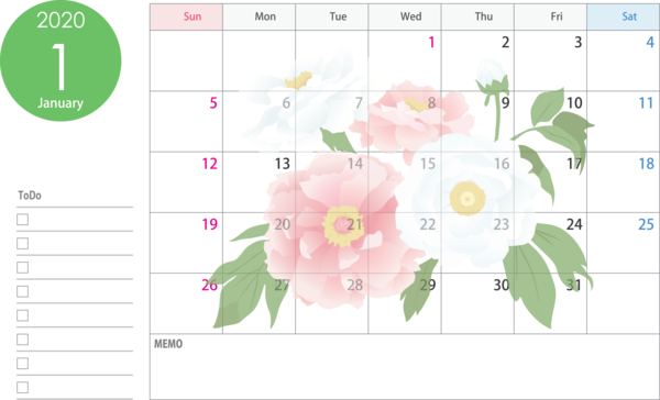 Transparent New Year Pink Text Petal for Printable 2020 Calendar for New Year