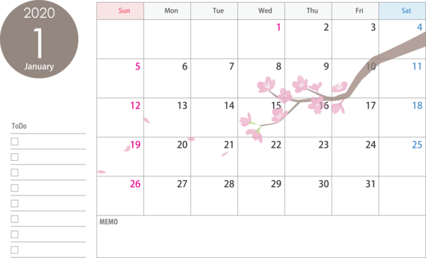 Transparent New Year Text Line Pink for Printable 2020 Calendar for New Year