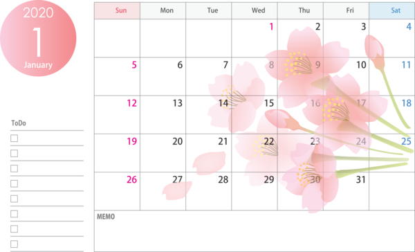 Transparent New Year Text Pink Line for Printable 2020 Calendar for New Year