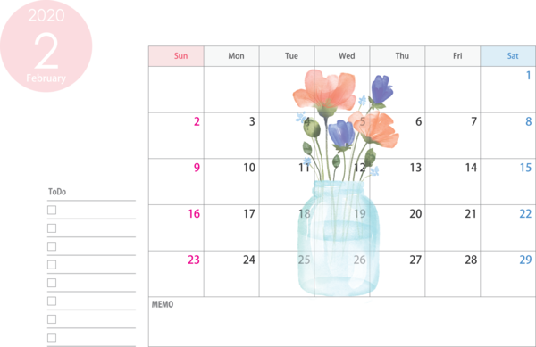 Transparent New Year Text Plant Flower for Printable 2020 Calendar for New Year