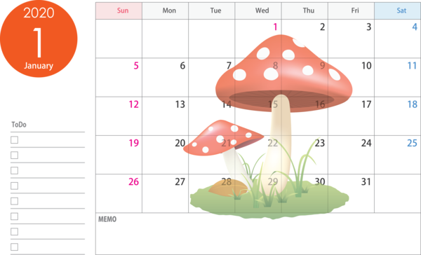 Transparent New Year Mushroom Agaric for Printable 2020 Calendar for New Year
