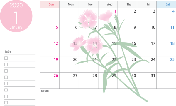 Transparent New Year Text Pink Line for Printable 2020 Calendar for New Year