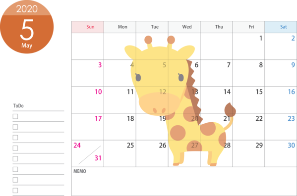 Transparent New Year Text Line Giraffe for Printable 2020 Calendar for New Year