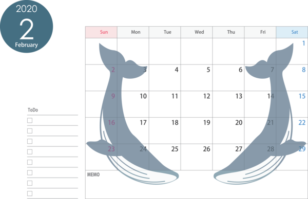 Transparent New Year Shark Cetacea Whale for Printable 2020 Calendar for New Year