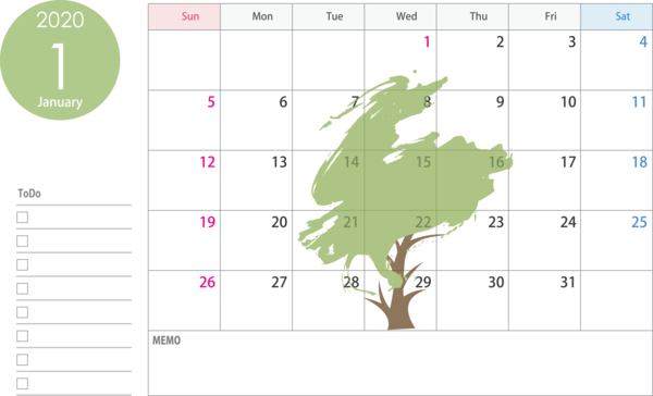 Transparent New Year Green Text Line for Printable 2020 Calendar for New Year